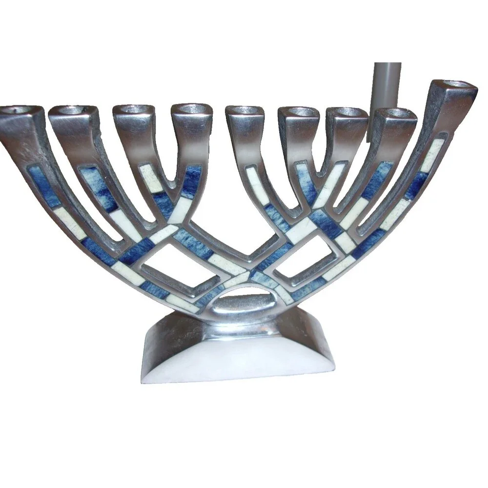 Menorah Silver Blue White Enamel Inlays + Ceamic Decoration Hanukkah Chanukah